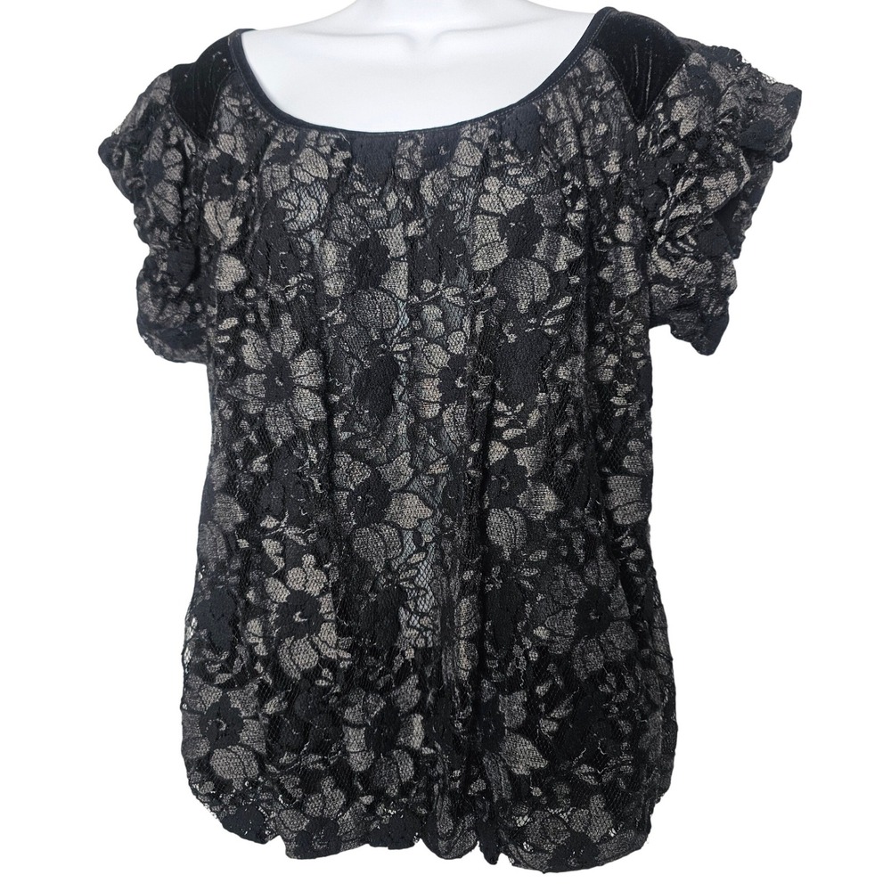 Studio M Woman Lace Blouse 1X Black Velvet Flutter Bubble Hem Whimsigoth Grunge